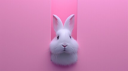 a white rabbit's head peeking out from behind a pink wall with a hole in the middle of it.