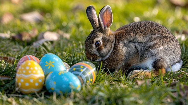a rabbit is sitting in the grass next to some decorated easter eggs and looking at the camera with a surprised look on its face.