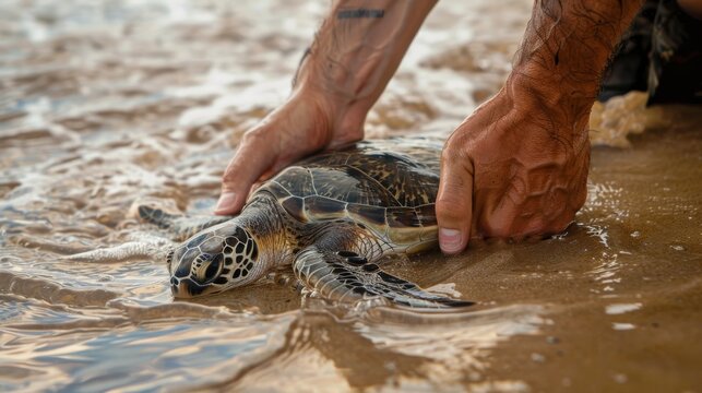 Oceanic Release: Hands Freeing Rehabilitated Sea Turtle