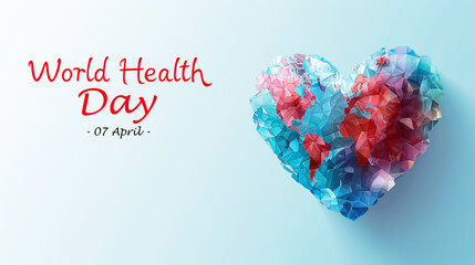 Volumetric heart with a world map with symbols of World Health Day. World Health Day. Postcard, poster, banner.