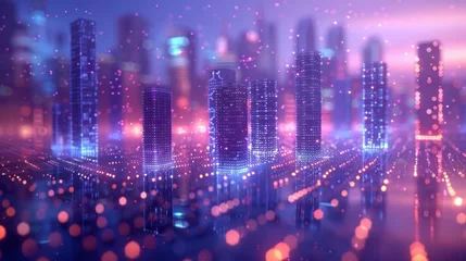 Fotobehang A vibrant, neon-lit cityscape at night, projecting a futuristic and digitalized urban atmosphere with a bokeh effect. © Sodapeaw