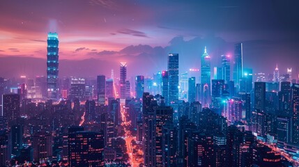 A mesmerizing urban skyline bathed in the twilight glow, with futuristic skyscrapers illuminated by neon lights.