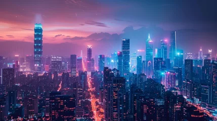 Foto op Plexiglas A mesmerizing urban skyline bathed in the twilight glow, with futuristic skyscrapers illuminated by neon lights. © Sodapeaw