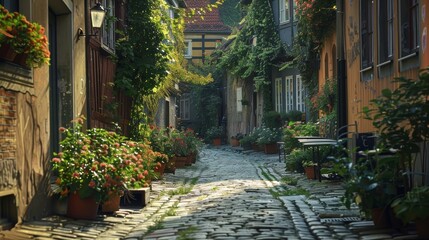 A quaint cobblestone alley lined with vibrant flower pots and greenery in a picturesque European village.