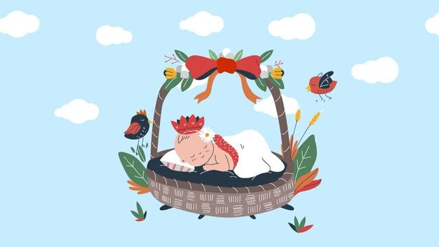 Animated image of a baby sleeping in a moving basket floating in the sky with two little birds.