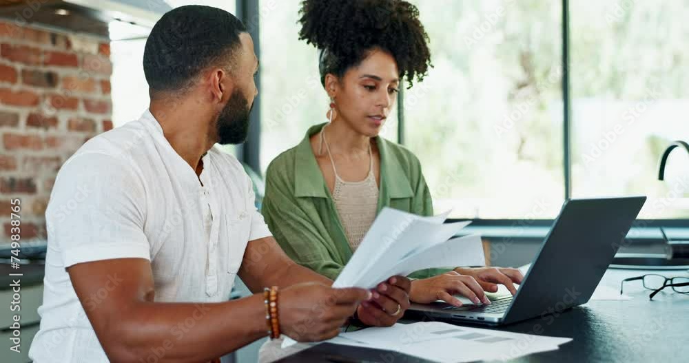 Poster Paper, laptop and couple with argument for mortgage, loan application or financial documents. Man, woman and fight with stress in kitchen for home expenses, investment or frustrated for budgeting