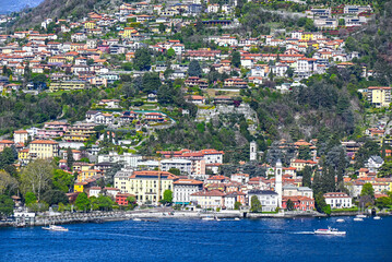 View of a lake Como (Italy), Como city, mountains, Villages, roads, bridges around it. Grand...