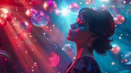 Glamorous Young Woman in Shimmering Dress with Elegant Hairstyle at Festive Party with Colorful Disco Lights