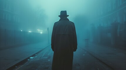 Mysterious Figure Standing Alone in Foggy City Street at Night, Urban Noir Atmosphere with Moody Lighting