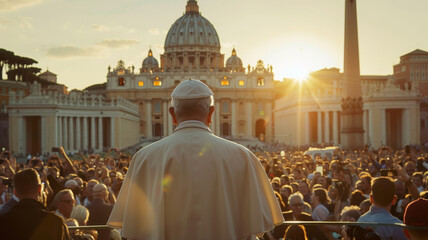 Sunset illuminating a spiritual gathering in the Vatican.