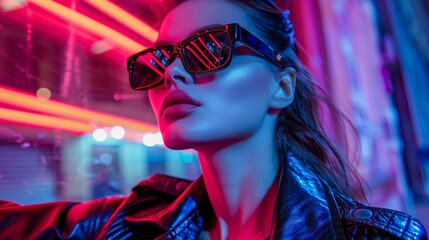 Stylish Young Woman in Sunglasses Posing in Vibrant Neon City Lights at Night, Fashionable Urban Life Concept with Trendy Female Model