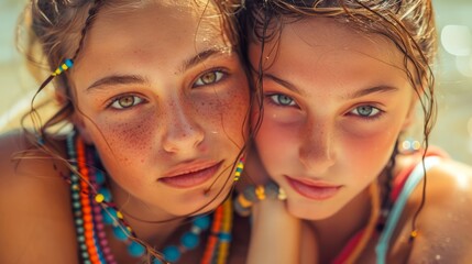 Obraz premium Close-up Portrait of Two Young Girls with Freckles Enjoying Summer, Looking at Camera with Wet Hair