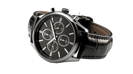 Stylish Watch With Black Leather Strap. A sleek modern watch featuring a black leather strap is displayed against a clean white background. on White or PNG Transparent Background.