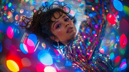 Vibrant Portrait of a Young Woman with Sparkling Makeup and Colorful Bokeh Lights