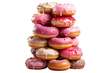 Tower of Sprinkled Donuts. A tower of donuts stacked on top of each other each donut covered in colorful sprinkles. The donuts are arranged neatly in a vertical formation creating a good vibe.