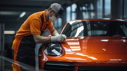 a man in an orange uniform and white gloves touching a car