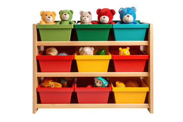 Colorful Bins Organized on Wooden Shelf. A wooden shelf is filled with lots of colorful bins in various sizes and shapes. The bins are neatly arranged, creating a vibrant display.