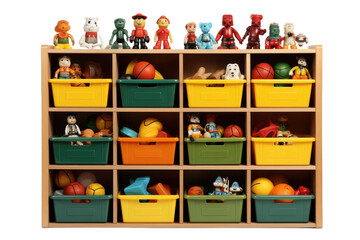 Wooden Shelf Filled With Lots of Toys. A wooden shelf is lined with a wide variety of toys, from action figures and stuffed animals to building blocks and board games.