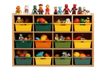 Wooden Shelf Filled With Lots of Toys. A wooden shelf is lined with a wide variety of toys, from action figures and stuffed animals to building blocks and board games.