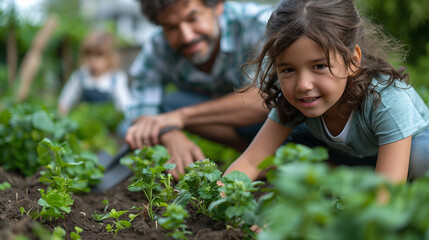 A joyful moment as a parent teaches their child to pick herbs or vegetables from their lush home garden.