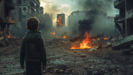 A young boy faces the destruction of war, a poignant scene of hope amidst chaos.