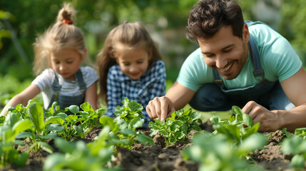 A joyful moment as a parent teaches their child to pick herbs or vegetables from their lush home garden.