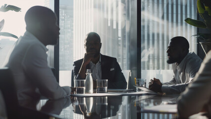 Business professionals in a tense meeting, bathed in silhouette by dramatic lighting.