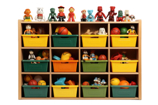 Wooden Shelf Filled With Lots of Toys. A wooden shelf is lined with a wide variety of toys, from action figures and stuffed animals to building blocks and board games.