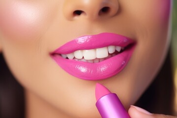 Fototapeta premium Close-up perfect bright colourful trendy pink glossy lip makeup beautiful female woman young model lady applying lipstick mouth plump full lips. Cosmetics visage artist clean skincare treatment vogue
