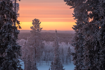 Winter sunset landscape in Lapland Finland
