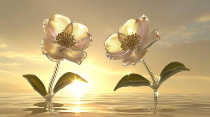 a couple of flowers sitting on top of a body of water next to each other on top of a body of water.