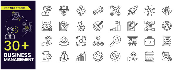 Simple Set of Business Management Related Editable Stroke Icons. Contains such Icons as Inspector, Personal Quality, Employee Management and more. Editable Outline, line icons.