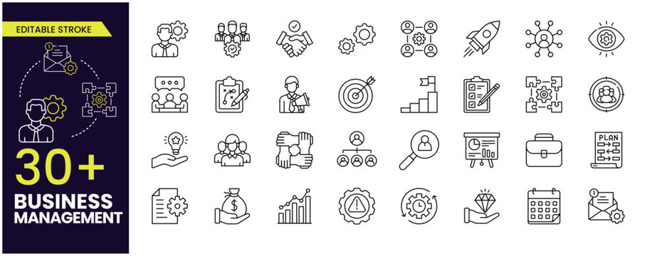 Simple Set of Business Management Related Editable Stroke Icons. Contains such Icons as Inspector, Personal Quality, Employee Management and more. Editable Outline, line icons.