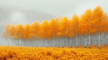 a painting of a grove of trees with yellow leaves in the foreground and a foggy mountain in the background.