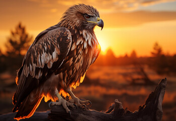 Eagle sunset background dusk. Bird of prey in close-up on a wooden branch at twilight in the rays of the setting sun.. - Powered by Adobe