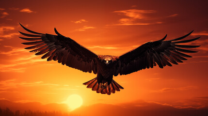 Eagle in flight against the background sunset at dusk. Bird of prey with spread wings in close-up in the sky at twilight in the rays setting sun.