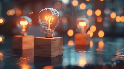 Wooden blocks on a wooden table with light bulbs around, symbolizing bright ideas and creativity in business. Glowing light bulb with wooden blocks - obrazy, fototapety, plakaty