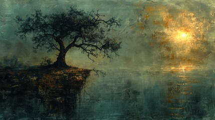 a painting of a tree sitting on top of a cliff in the middle of a body of water at sunset.