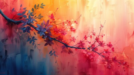 a painting of a branch with pink and blue flowers on a red, yellow, blue, and orange background.