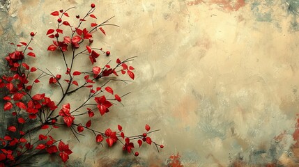 a painting of a branch with red flowers on a beige and green background with a red spot in the middle of the branch.