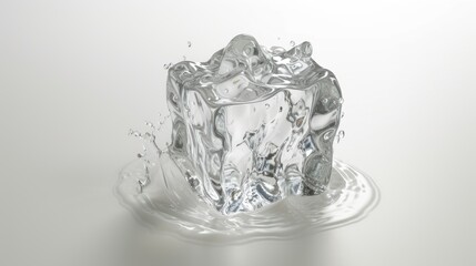 an ice cube with water splashing out of it's sides on a white surface with a reflection of the ice in the water.