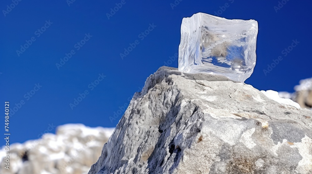 Sticker a piece of ice sitting on top of a rock next to a snow covered mountain under a clear blue sky.