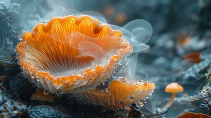 a close up of an orange and white sea anemone on a rock with water droplets on its surface.