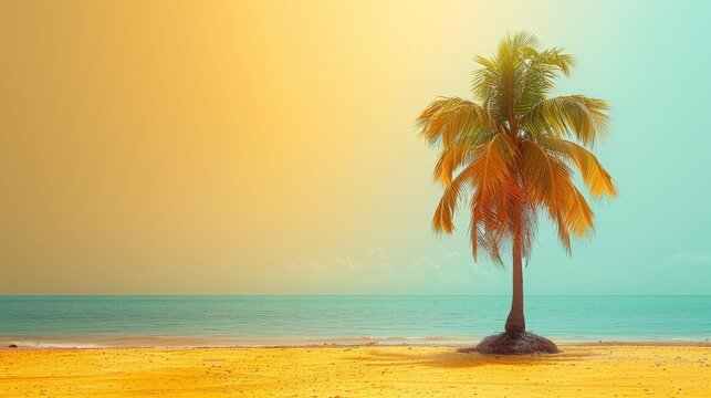 a palm tree sitting on top of a sandy beach next to the ocean with a yellow sky in the background.