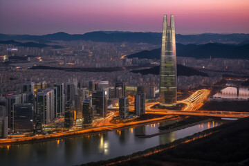 Skyline of Seoul, South Korea, aerial view. Commercial and residential buildings seen from the rooftop of Lotte Corp. World Tower at sunset in Seoul South Korea. Lotte World Tower, Seoul's green tower