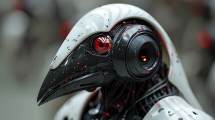 a close up of a robot with a red light on it's face and a black and white bird with red eyes.