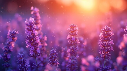 a field of lavender flowers with the sun shining in the background and a blurry image of the flowers in the foreground.