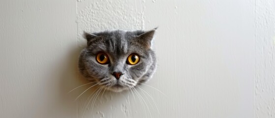 a close up of a cat's face on a wall with a cat's head on the wall.