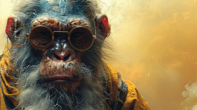 a close up of a monkey with glasses on it's face and a yellow jacket on it's back.