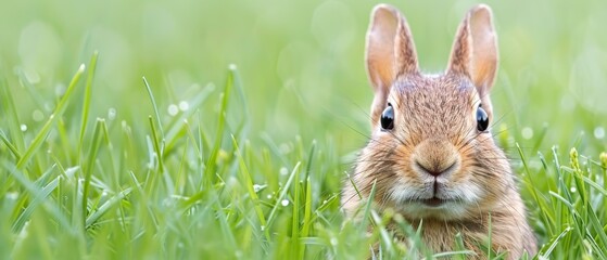 a close up of a rabbit's face in a field of grass with drops of dew on its ears.